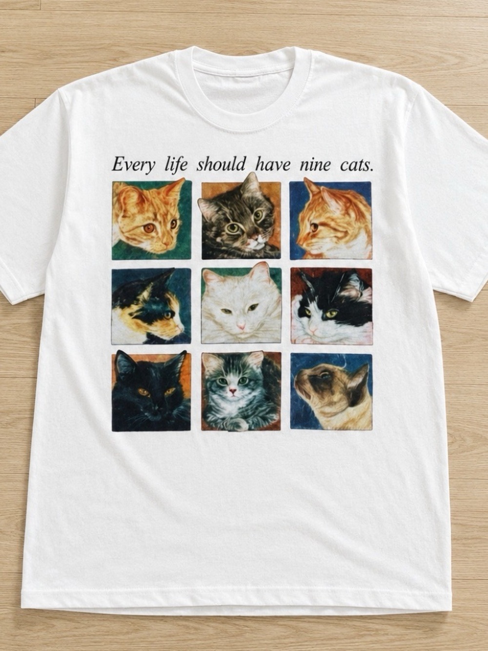 Gildan White Tee with Colorful Nine-Cat Grid Graphic